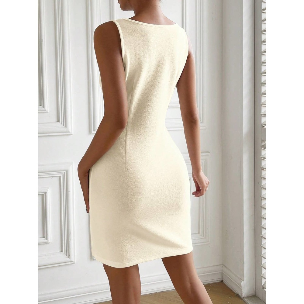 minimalist business casual workwear square neck Split Hem mini Dress navy blue - Picture 4 of 12